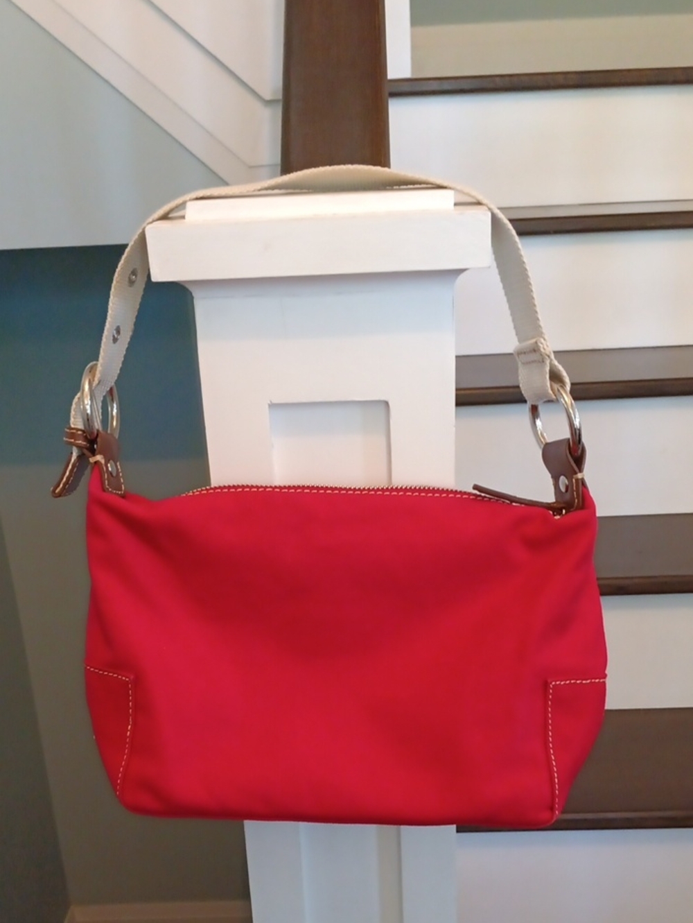 + GAP Bright Red Canvas Shoulder Bag with Cream Webbing Strap